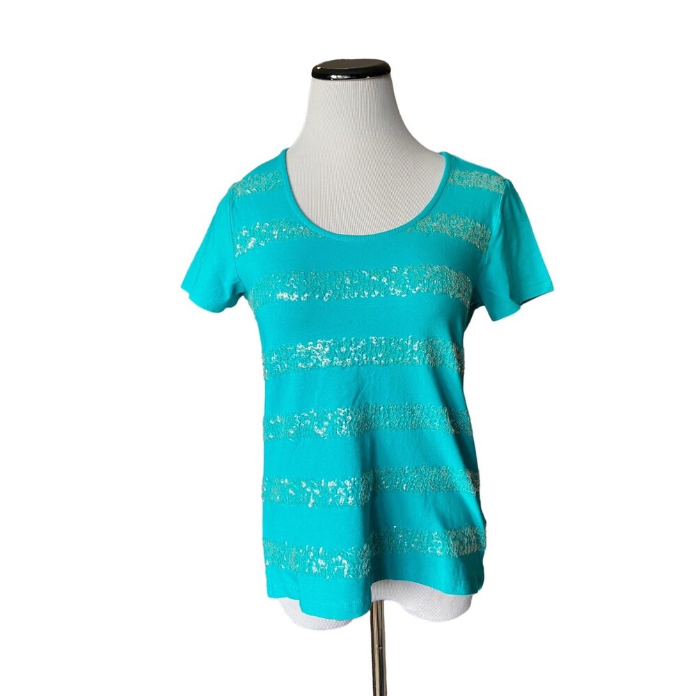 Chicos Womens Sequin Stripe‎ Top Size XS Blue Short Sleeve Casual Chic Sparkle